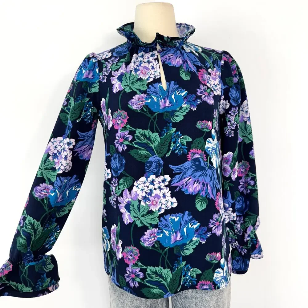 J. Crew Ruffle Neck Long Sleeve Crepe Top Blouse in Blue Floral | XS